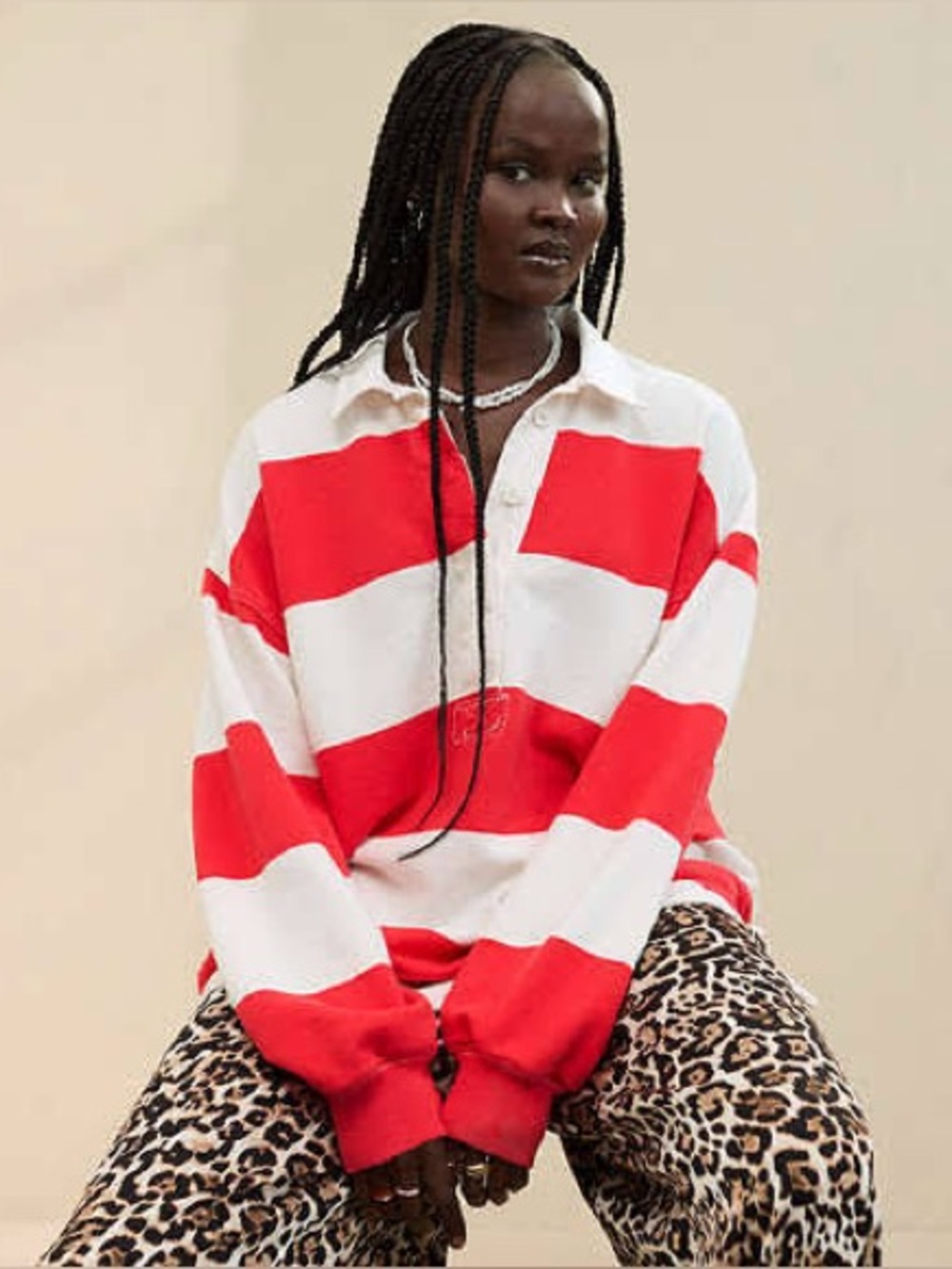 aerie Red and White Striped Rugby Pullover